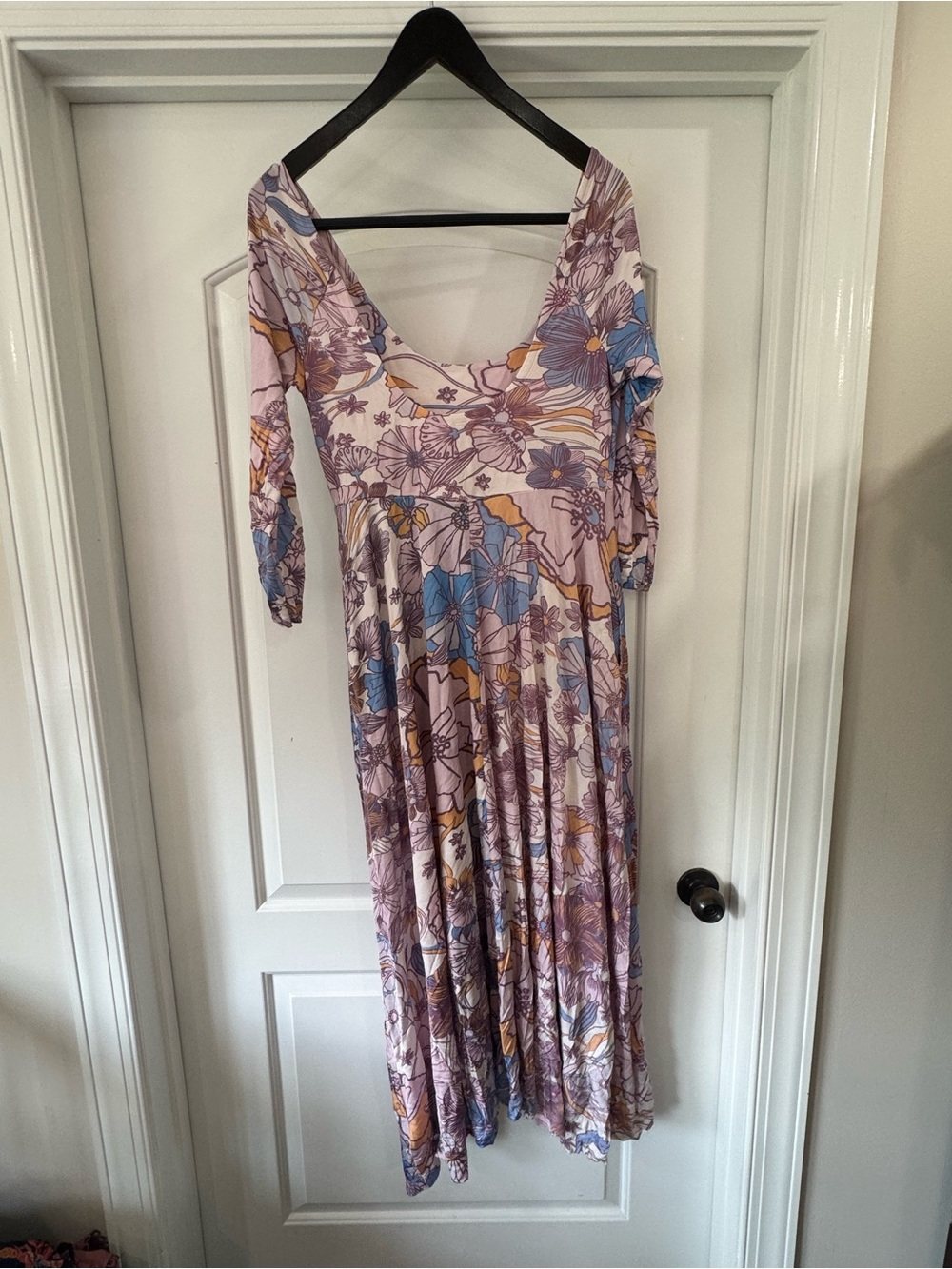 Free People Lavender Floral Maxi Dress with Blue and Mustard Accents
